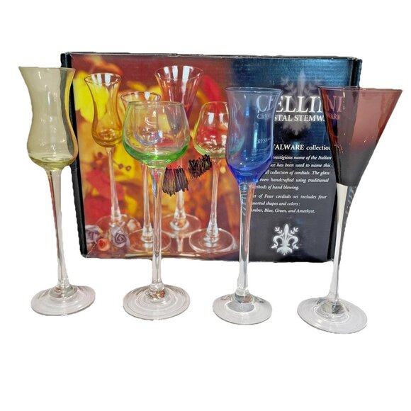 4 Cellini Crystal Stemware Italy Cordial Glasses Handblown Long Stem Multicolor - Picture 1 of 11